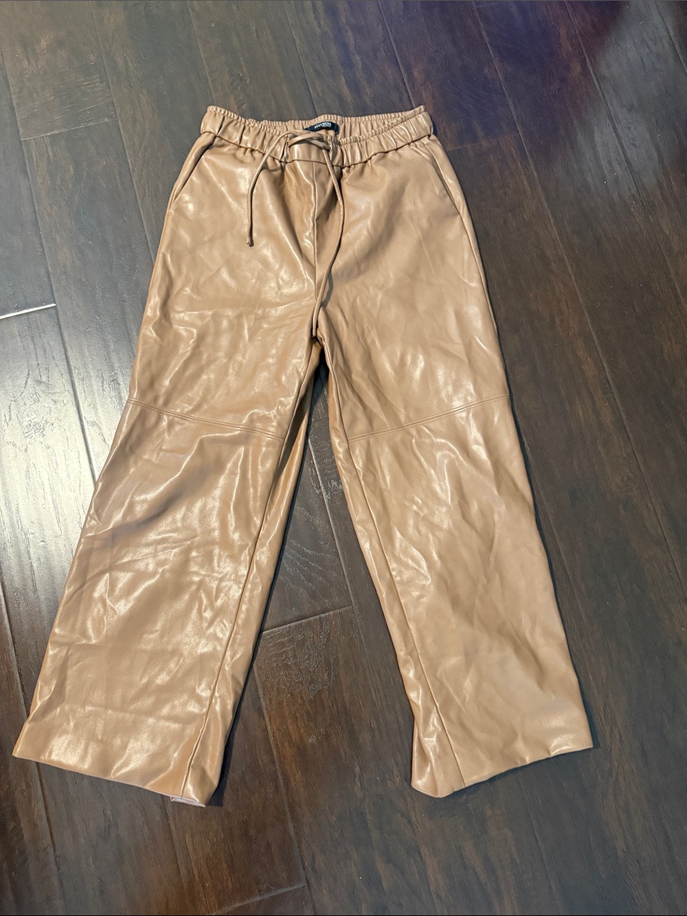 Women's Tan Faux Leather Drawstring Joggers